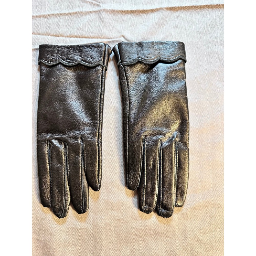 Gold Crown Vintage Black Leather‎ Scalloped Cuff Gloves Size 6.5 Womens Retro